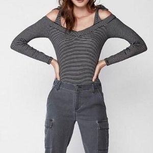 Express Women's Striped Off the Shoulder Thong Bodysuit. Medium NWOT